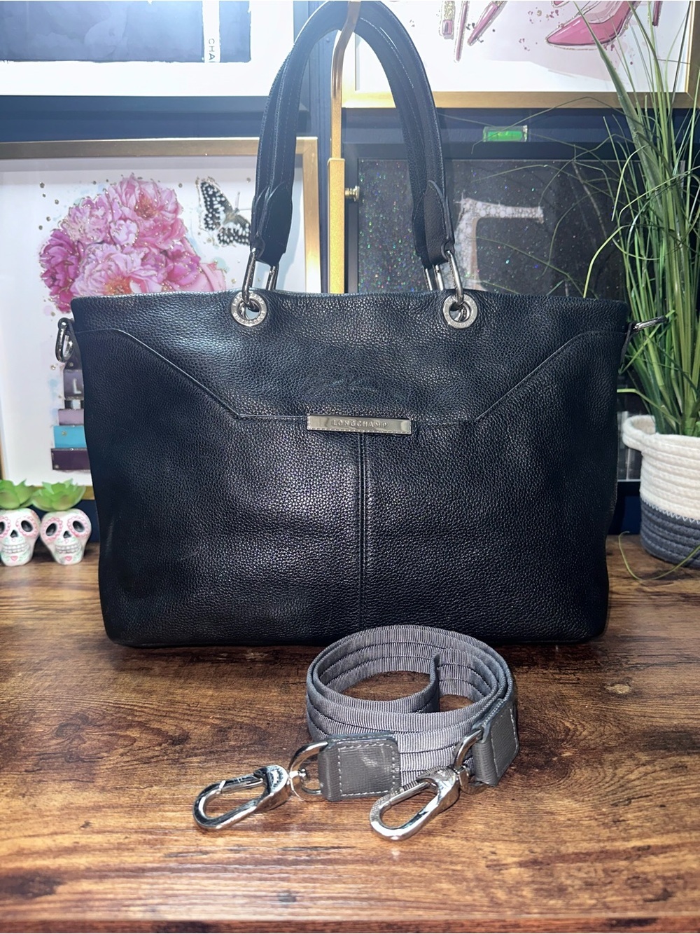 Longchamp Black Pebbled Leather Tote Bag - Picture 9 of 15